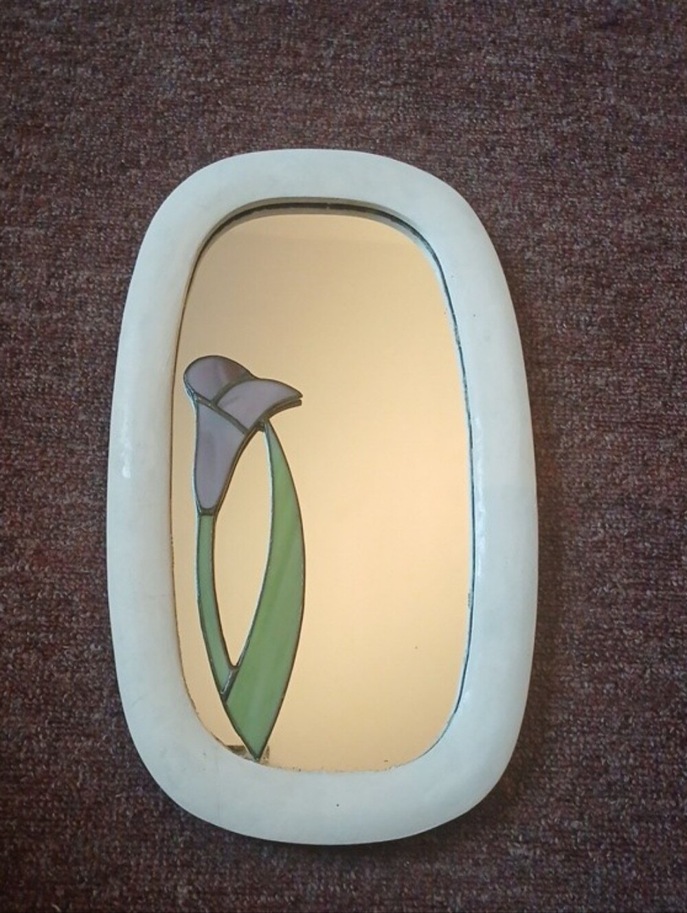 Handmade White Framed Decorative Mirror with Purple Flower Accent